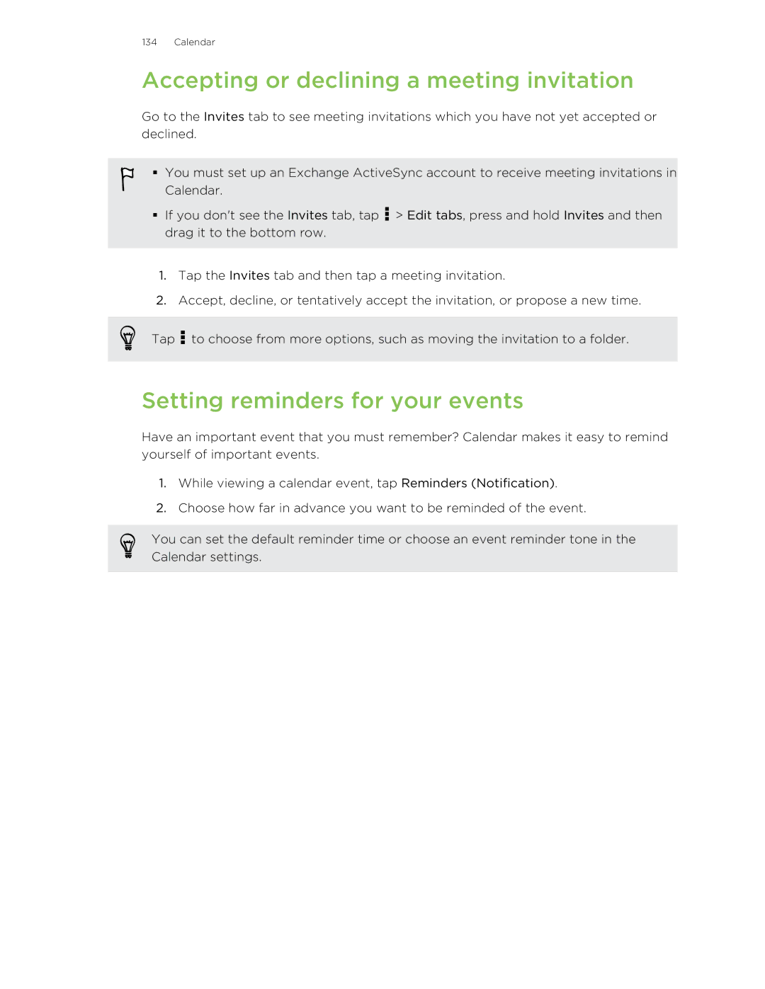 HTC Butterfly manual Accepting or declining a meeting invitation, Setting reminders for your events 