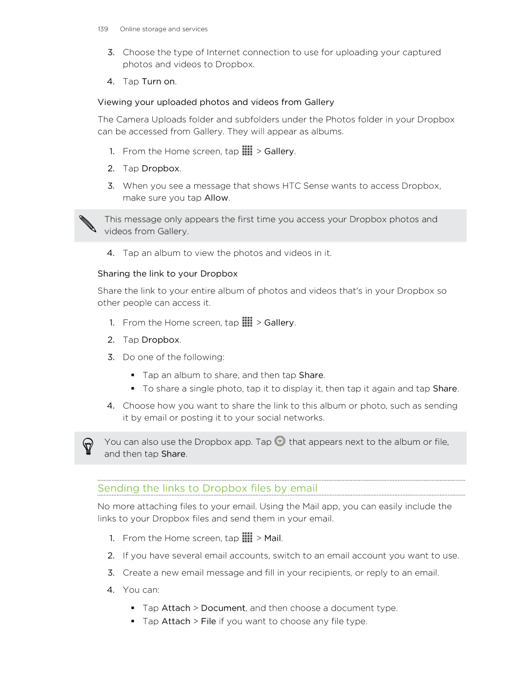 HTC Butterfly manual Sending the links to Dropbox files by email 