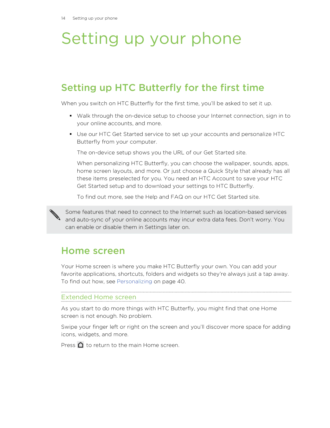 HTC manual Setting up your phone, Setting up HTC Butterfly for the first time, Extended Home screen 