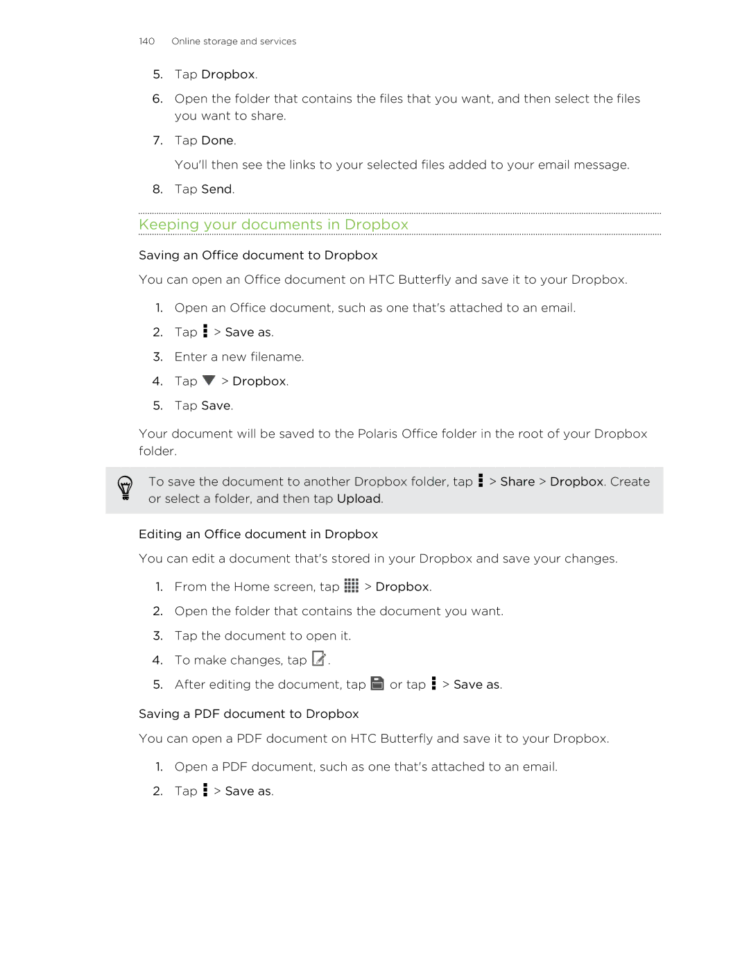 HTC Butterfly manual Keeping your documents in Dropbox 