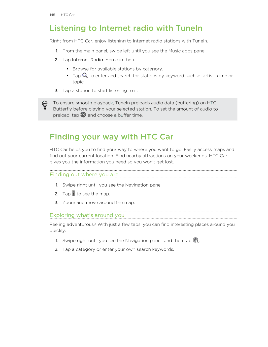 HTC Butterfly manual Listening to Internet radio with TuneIn, Finding your way with HTC Car, Finding out where you are 