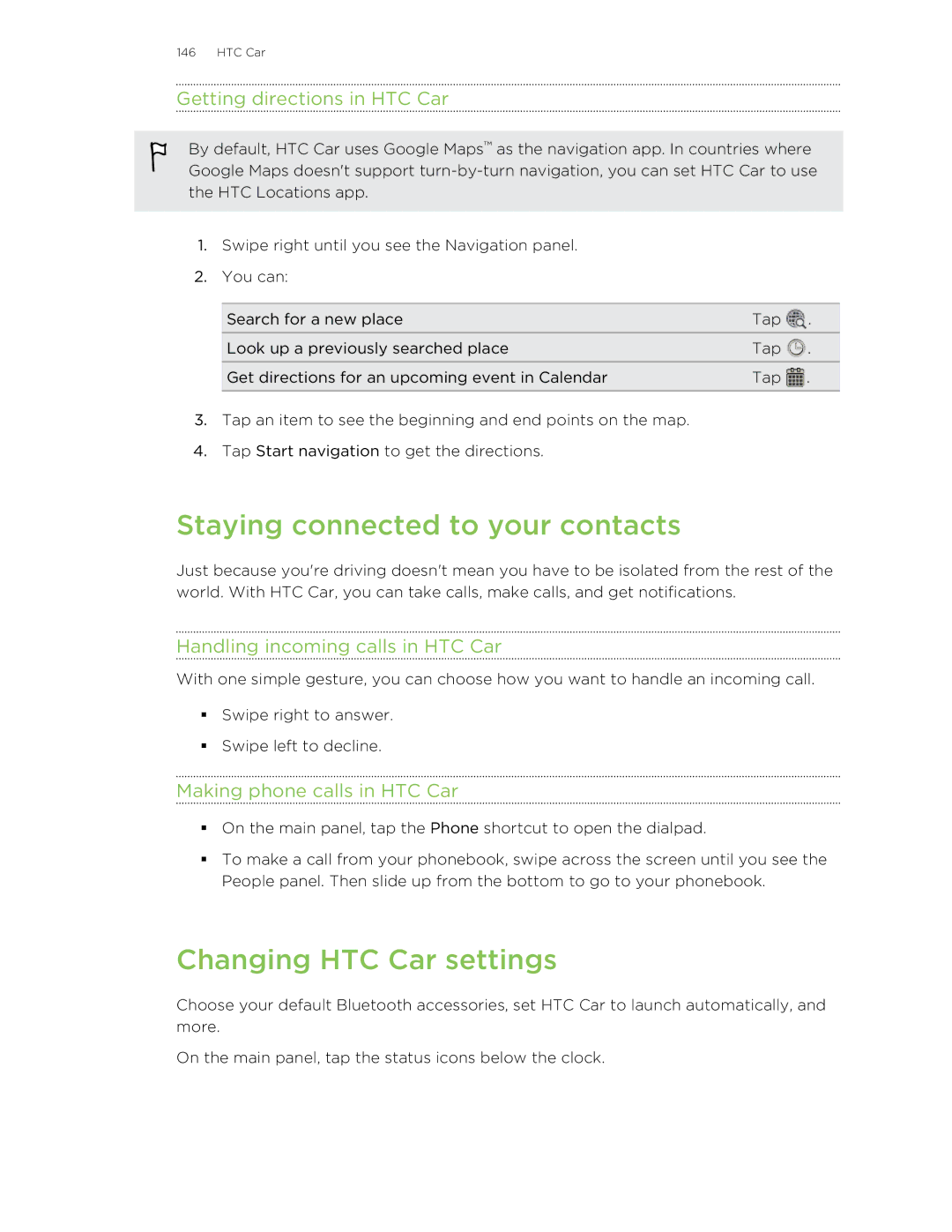 HTC Butterfly manual Staying connected to your contacts, Changing HTC Car settings, Getting directions in HTC Car 