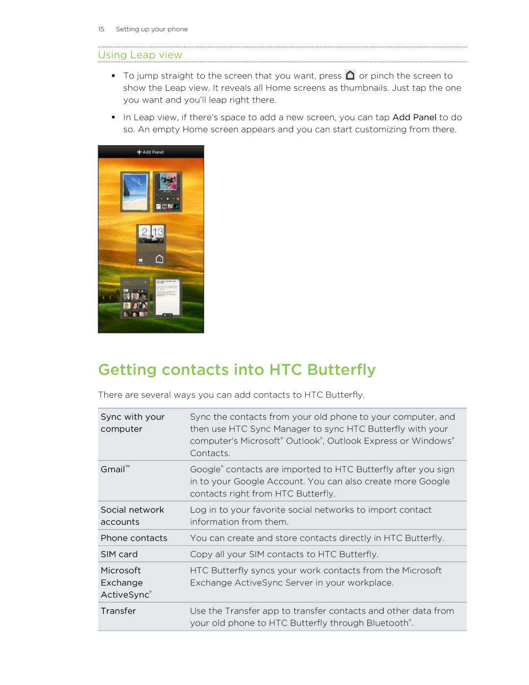 HTC manual Getting contacts into HTC Butterfly, Using Leap view 