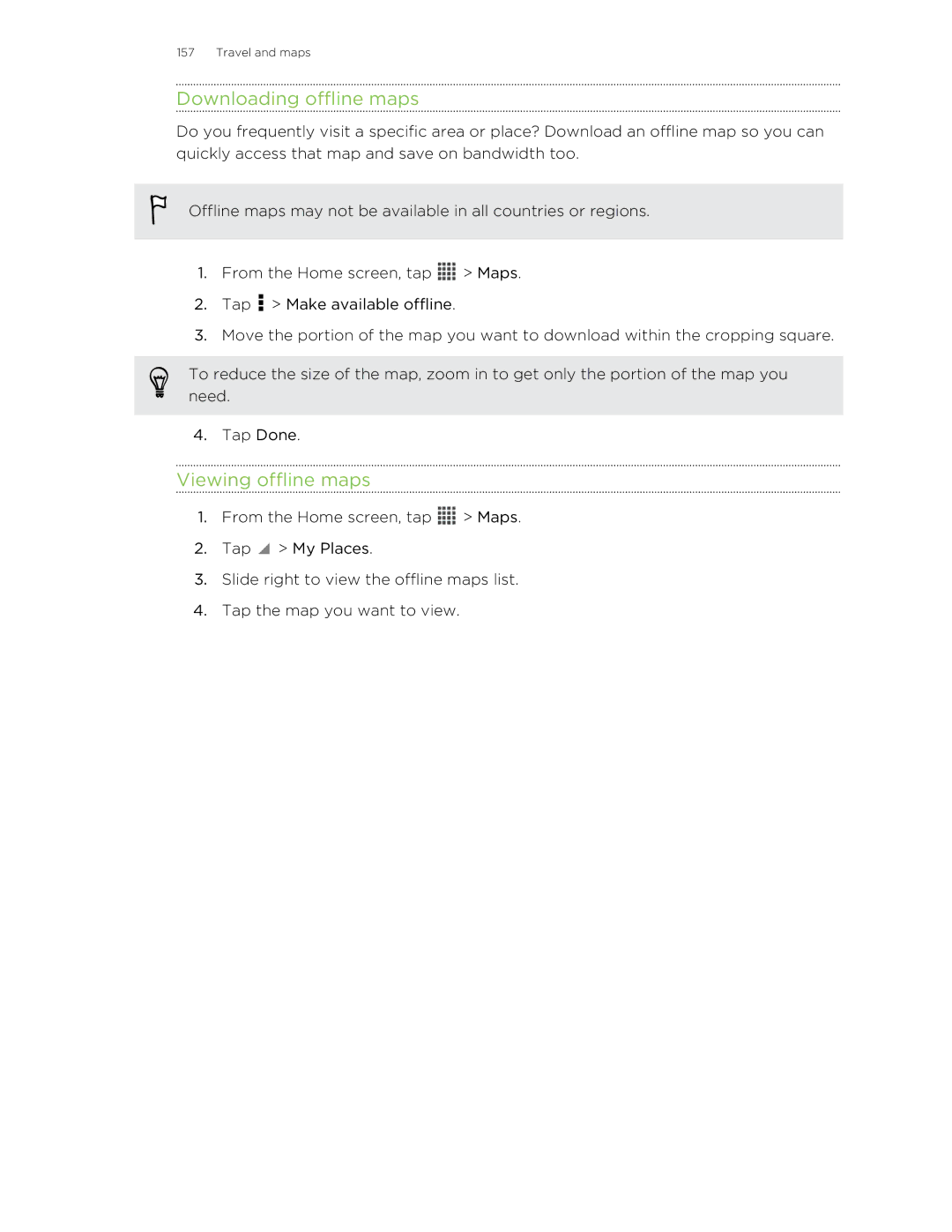 HTC Butterfly manual Downloading offline maps, Viewing offline maps 
