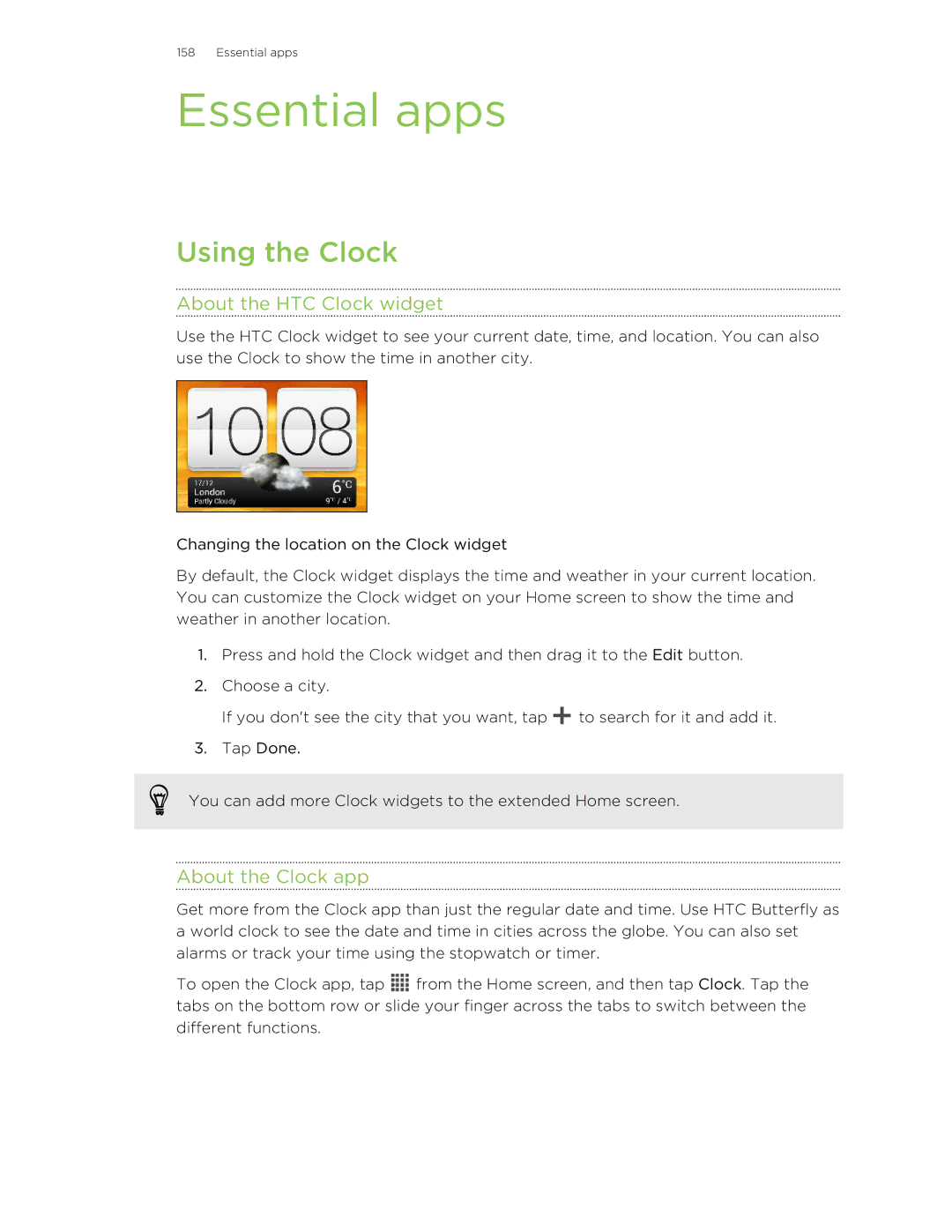 HTC Butterfly manual Essential apps, Using the Clock, About the HTC Clock widget, About the Clock app 