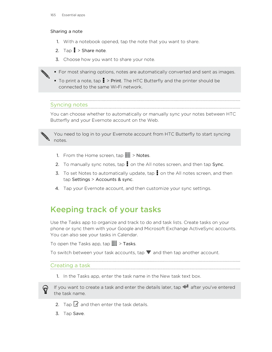 HTC Butterfly manual Keeping track of your tasks, Syncing notes, Creating a task 