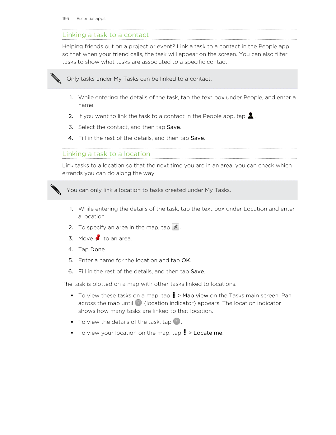 HTC Butterfly manual Linking a task to a contact, Linking a task to a location 