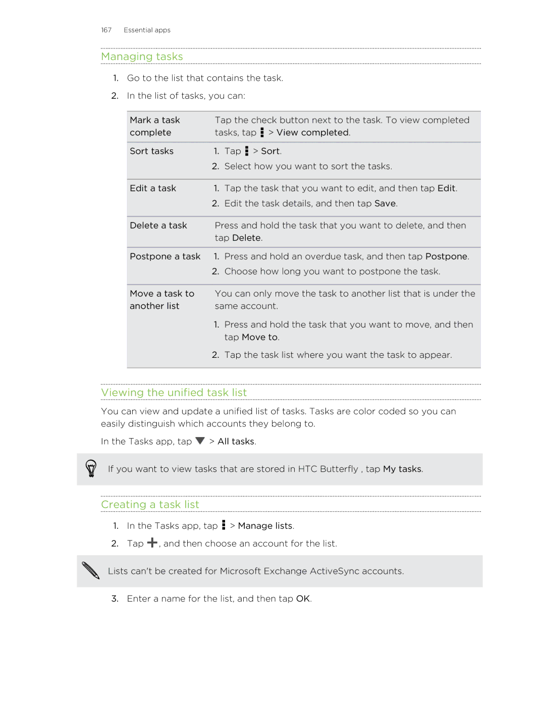 HTC Butterfly manual Managing tasks, Viewing the unified task list, Creating a task list 