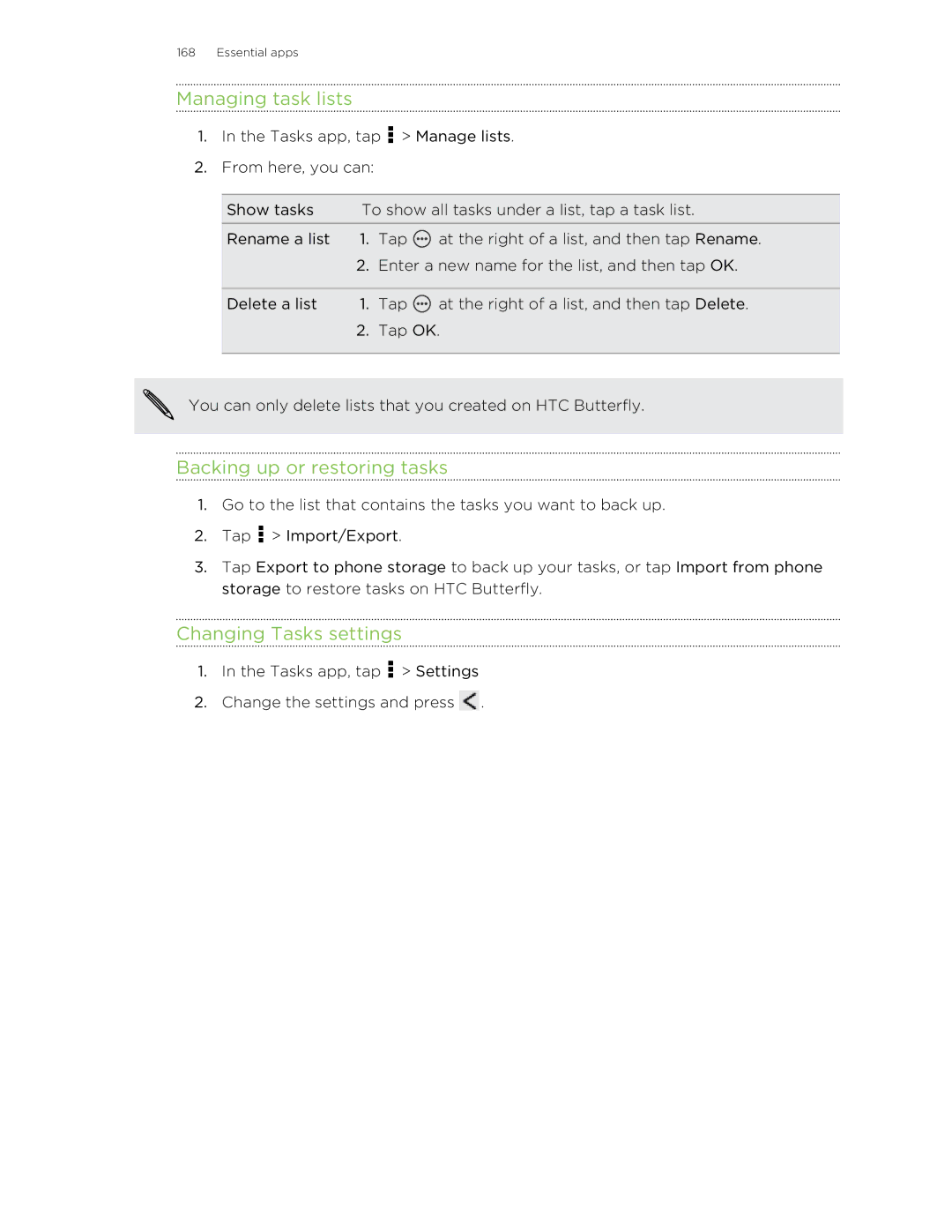 HTC Butterfly manual Managing task lists, Backing up or restoring tasks, Changing Tasks settings 