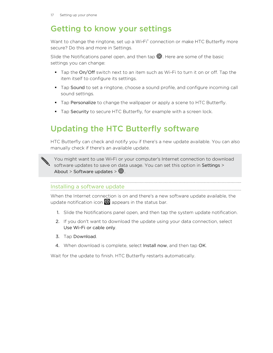 HTC manual Getting to know your settings, Updating the HTC Butterfly software, Installing a software update 