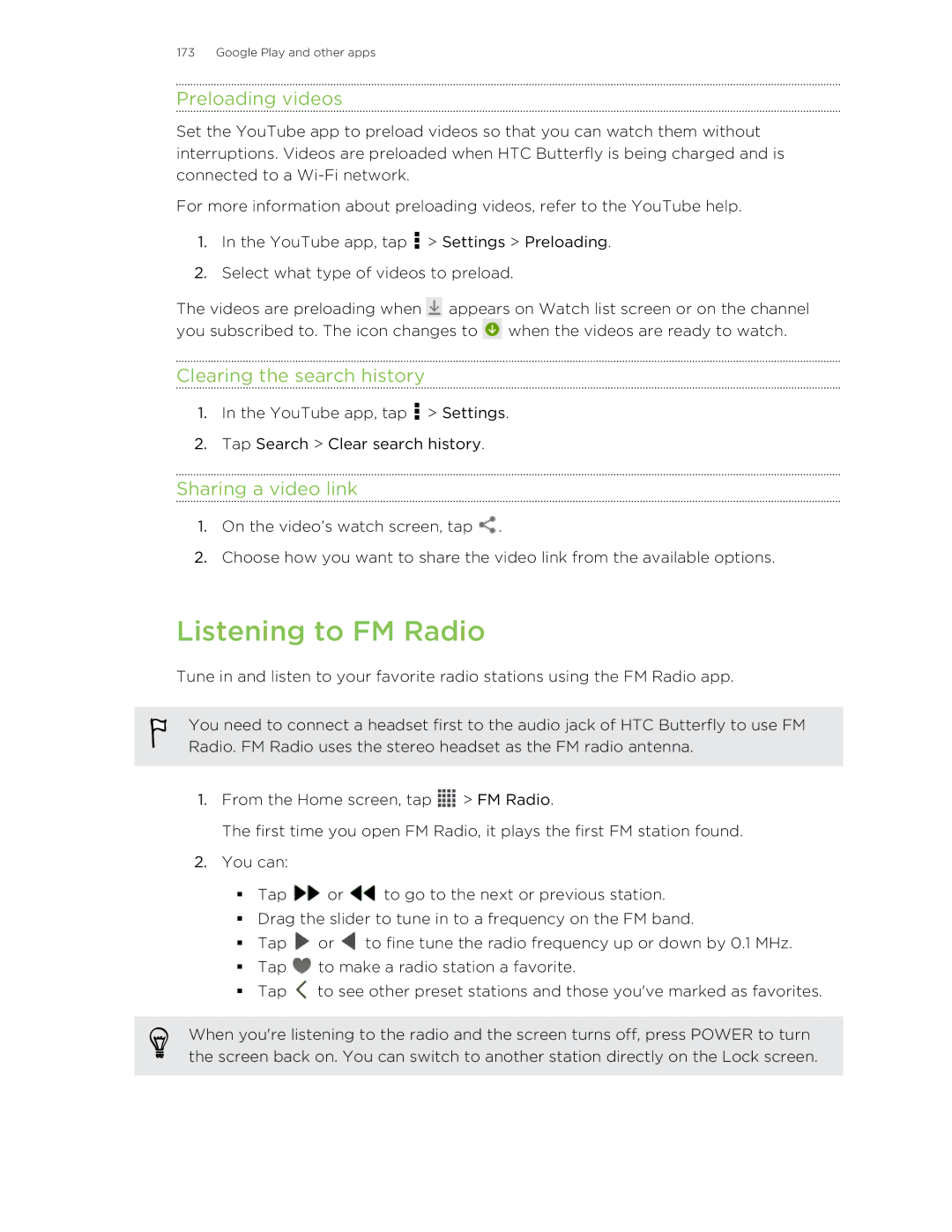 HTC Butterfly manual Listening to FM Radio, Preloading videos, Clearing the search history, Sharing a video link 