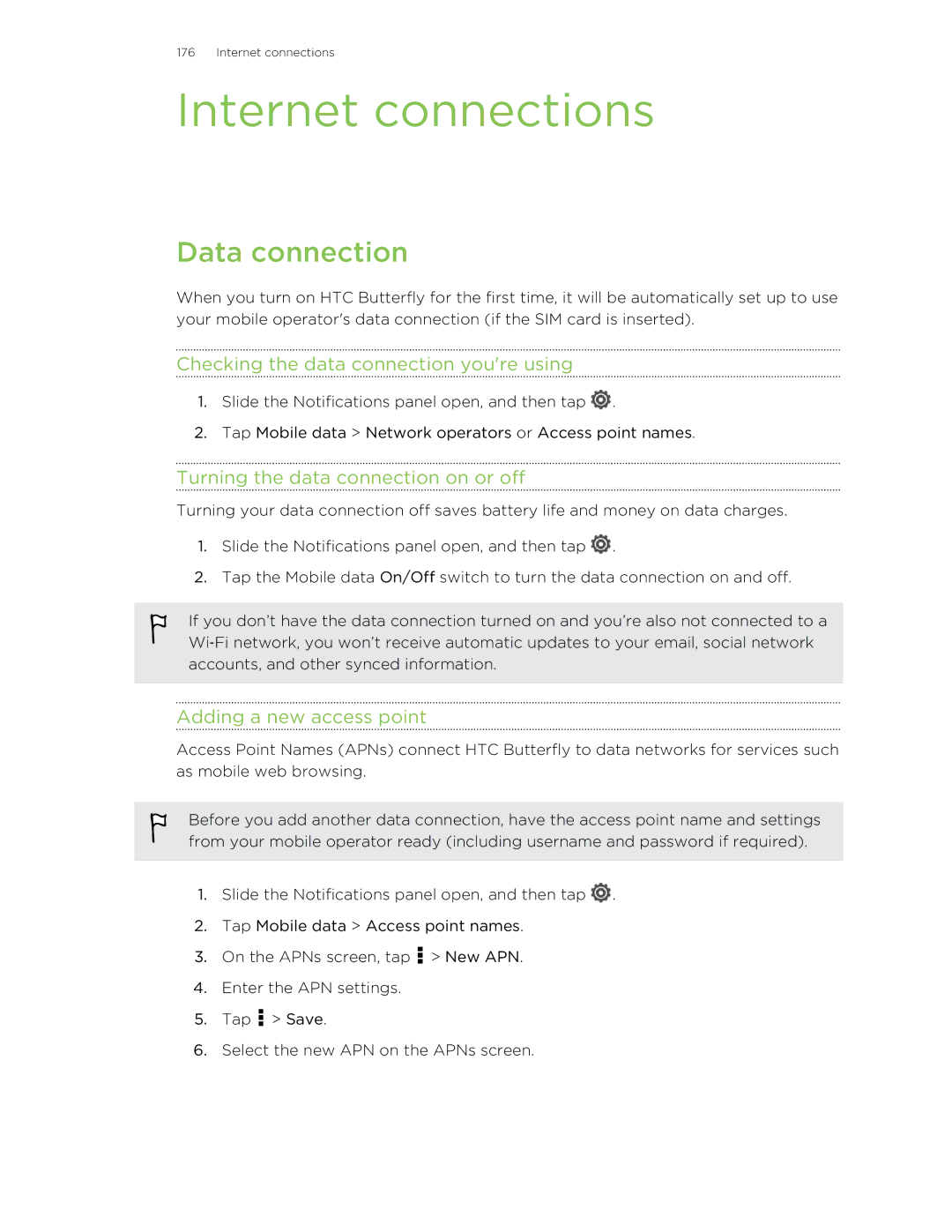 HTC Butterfly Internet connections, Data connection, Checking the data connection youre using, Adding a new access point 