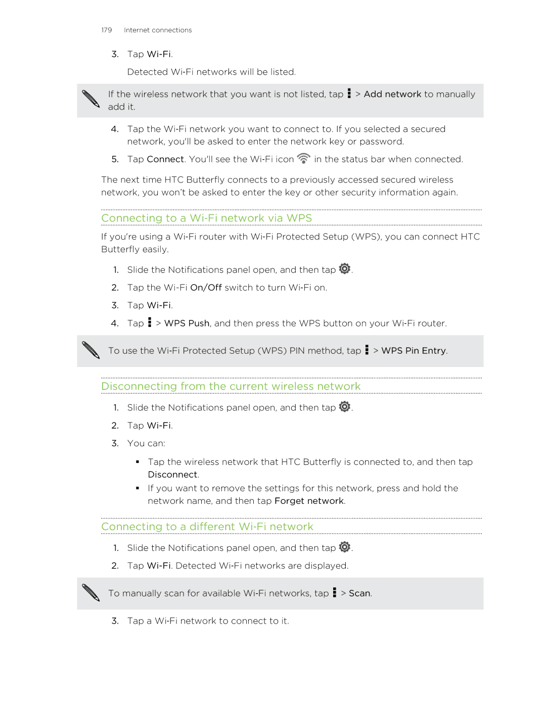 HTC Butterfly manual Connecting to a Wi‑Fi network via WPS, Disconnecting from the current wireless network 