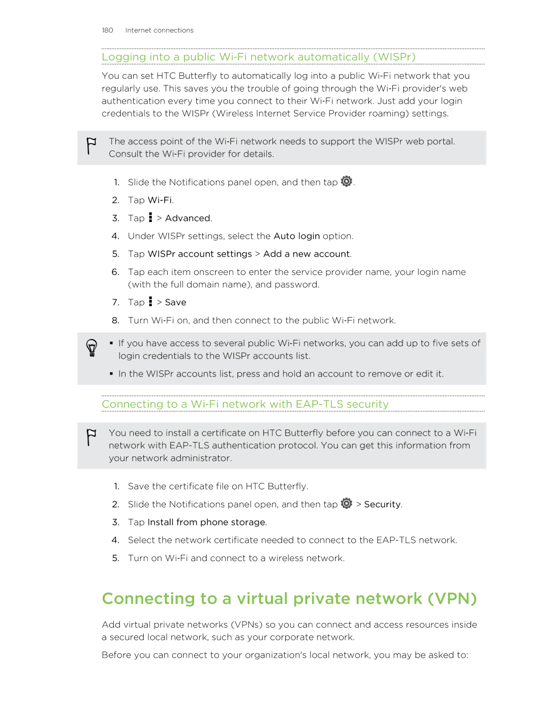 HTC Butterfly manual Connecting to a virtual private network VPN, Logging into a public Wi‑Fi network automatically WISPr 