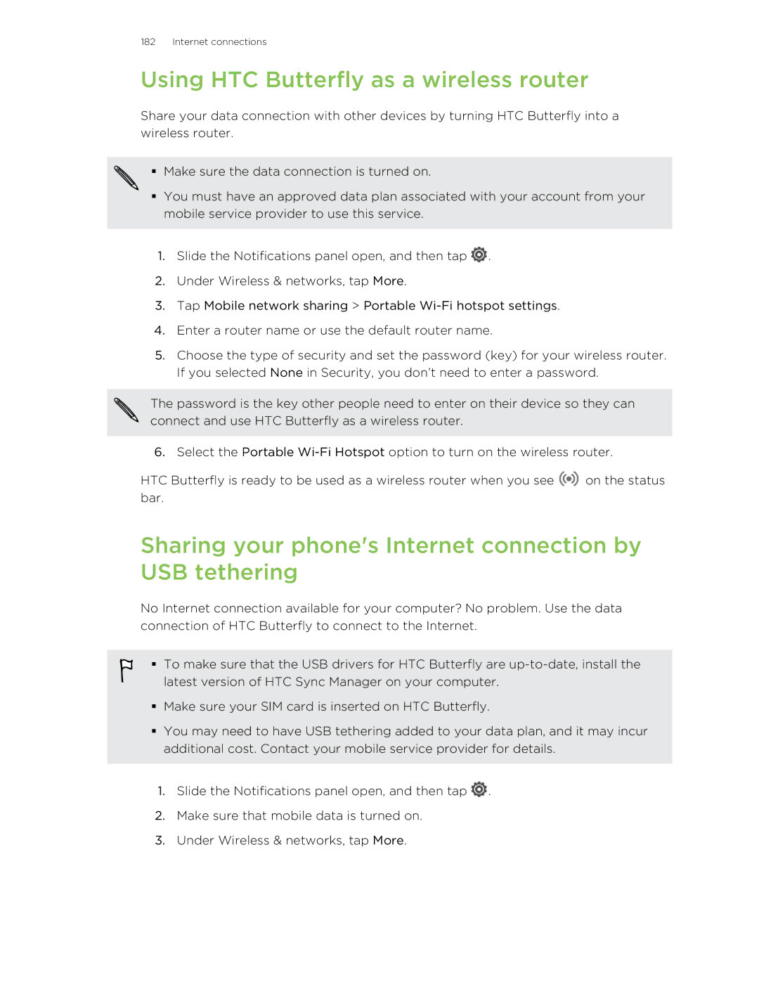 HTC manual Using HTC Butterfly as a wireless router, Sharing your phones Internet connection by USB tethering 