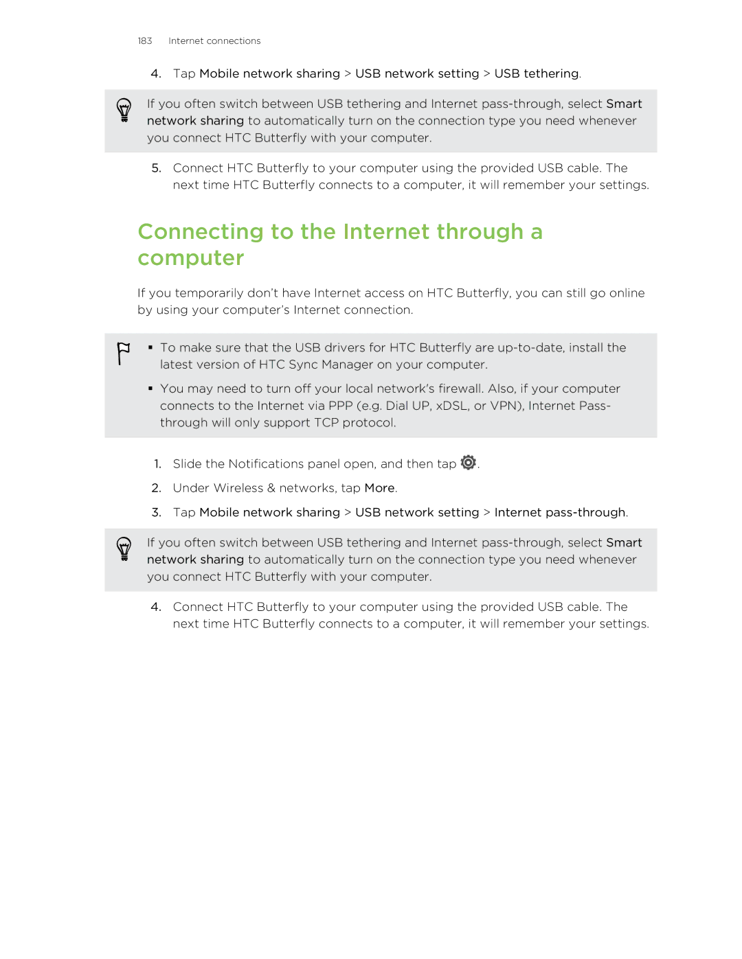 HTC Butterfly manual Connecting to the Internet through a computer 