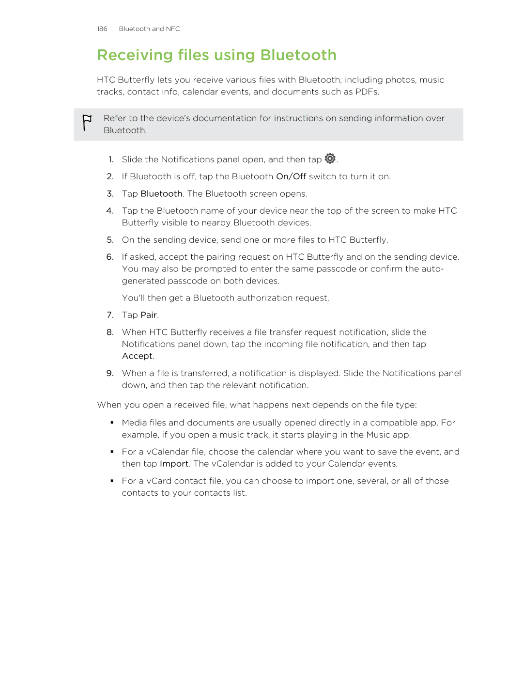 HTC Butterfly manual Receiving files using Bluetooth 