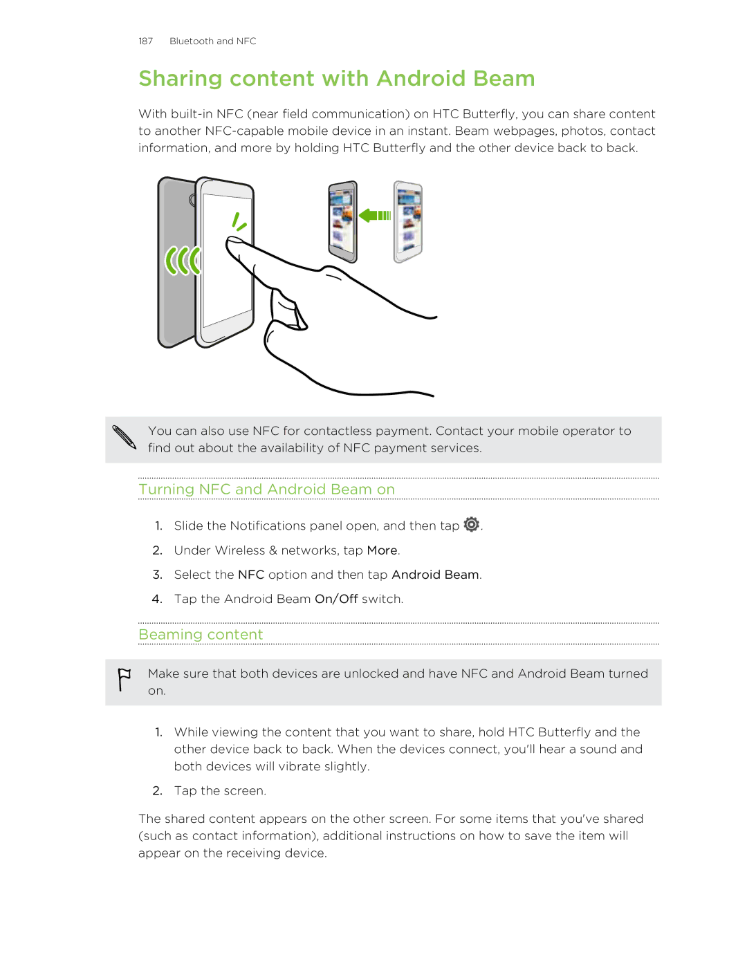 HTC Butterfly manual Sharing content with Android Beam, Turning NFC and Android Beam on, Beaming content 