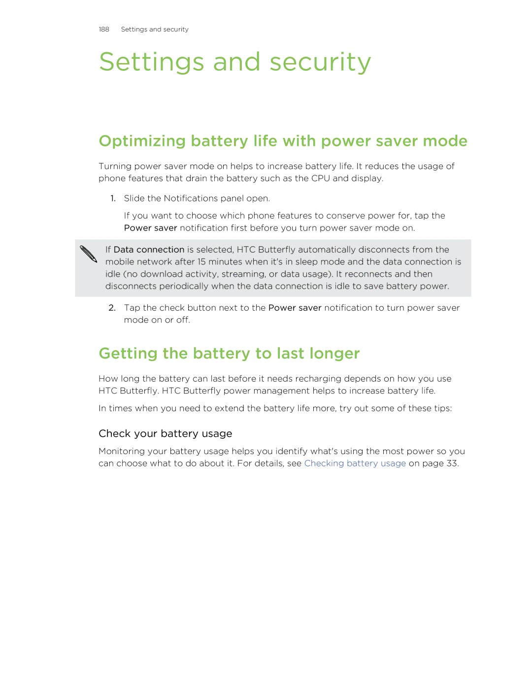 HTC Butterfly Settings and security, Optimizing battery life with power saver mode, Getting the battery to last longer 