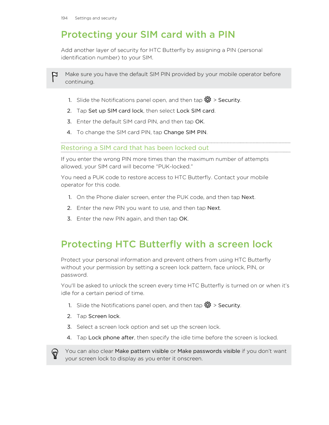 HTC manual Protecting your SIM card with a PIN, Protecting HTC Butterfly with a screen lock 