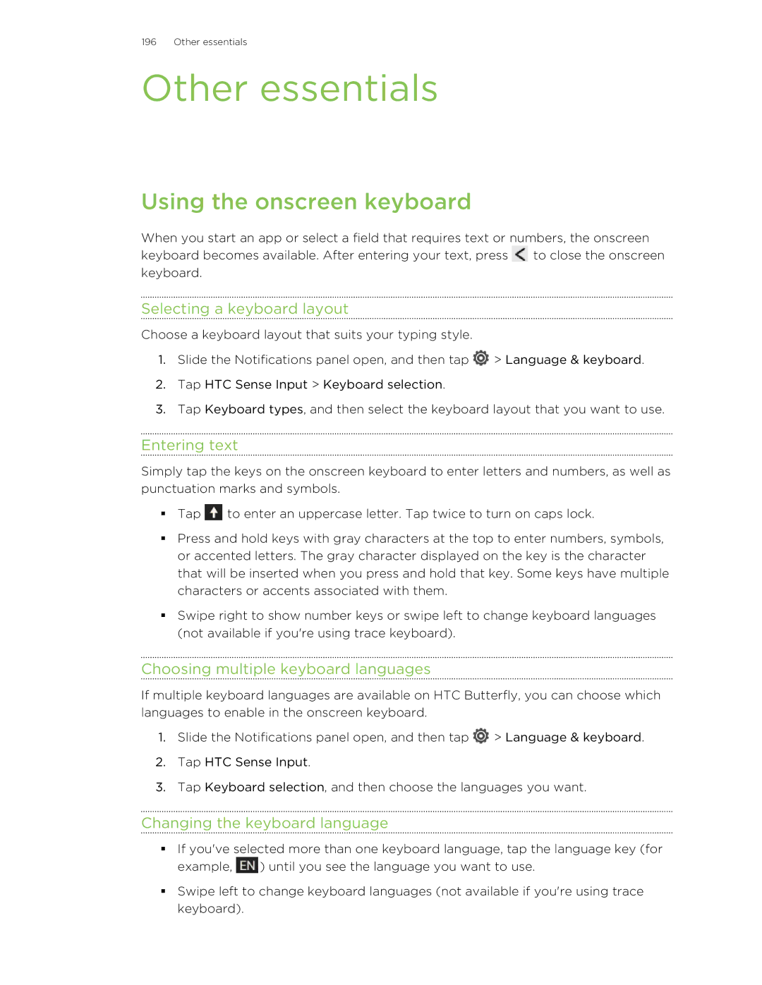 HTC Butterfly manual Other essentials, Using the onscreen keyboard 