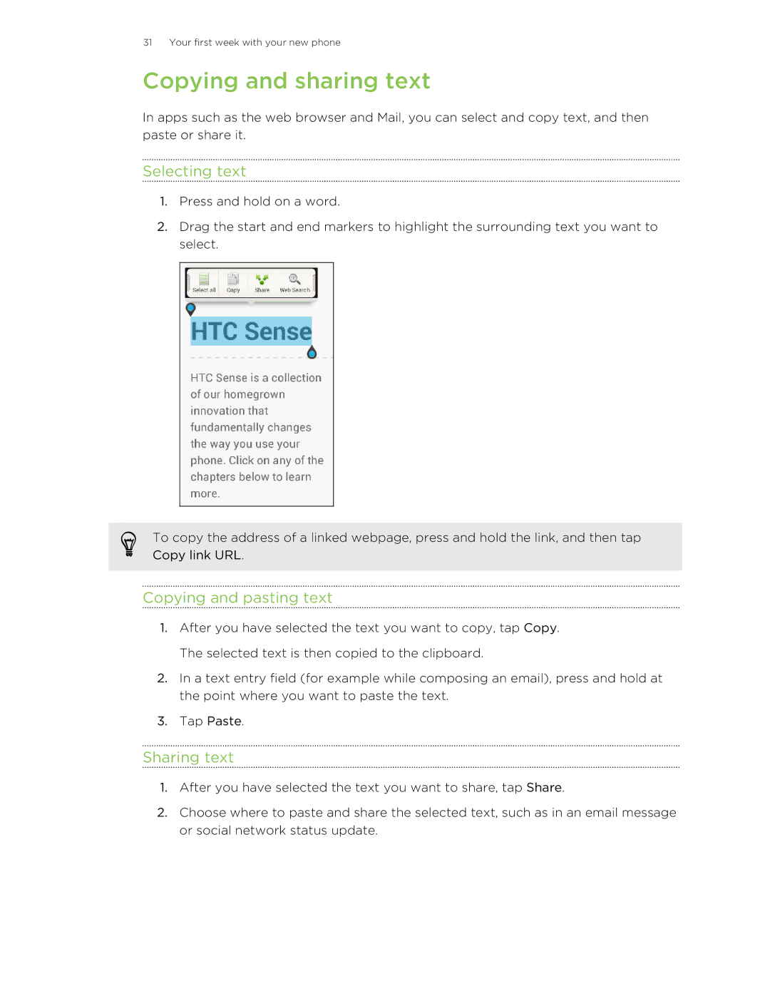 HTC Butterfly manual Copying and sharing text, Selecting text, Copying and pasting text, Sharing text 