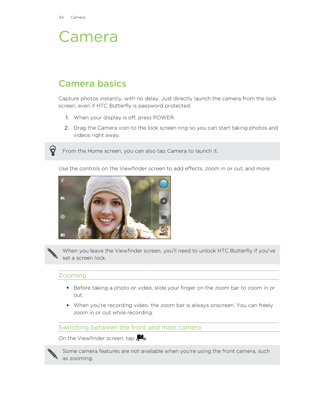 HTC Butterfly manual Camera basics, Zooming, Switching between the front and main camera 