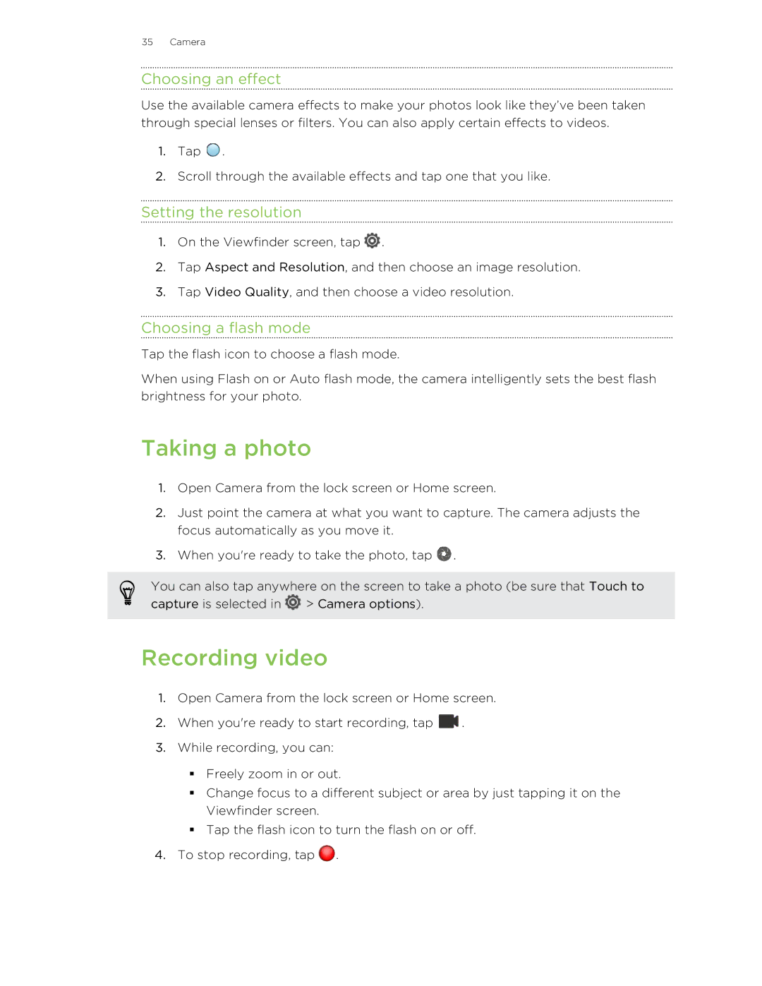 HTC Butterfly manual Taking a photo, Recording video, Choosing an effect, Setting the resolution, Choosing a flash mode 