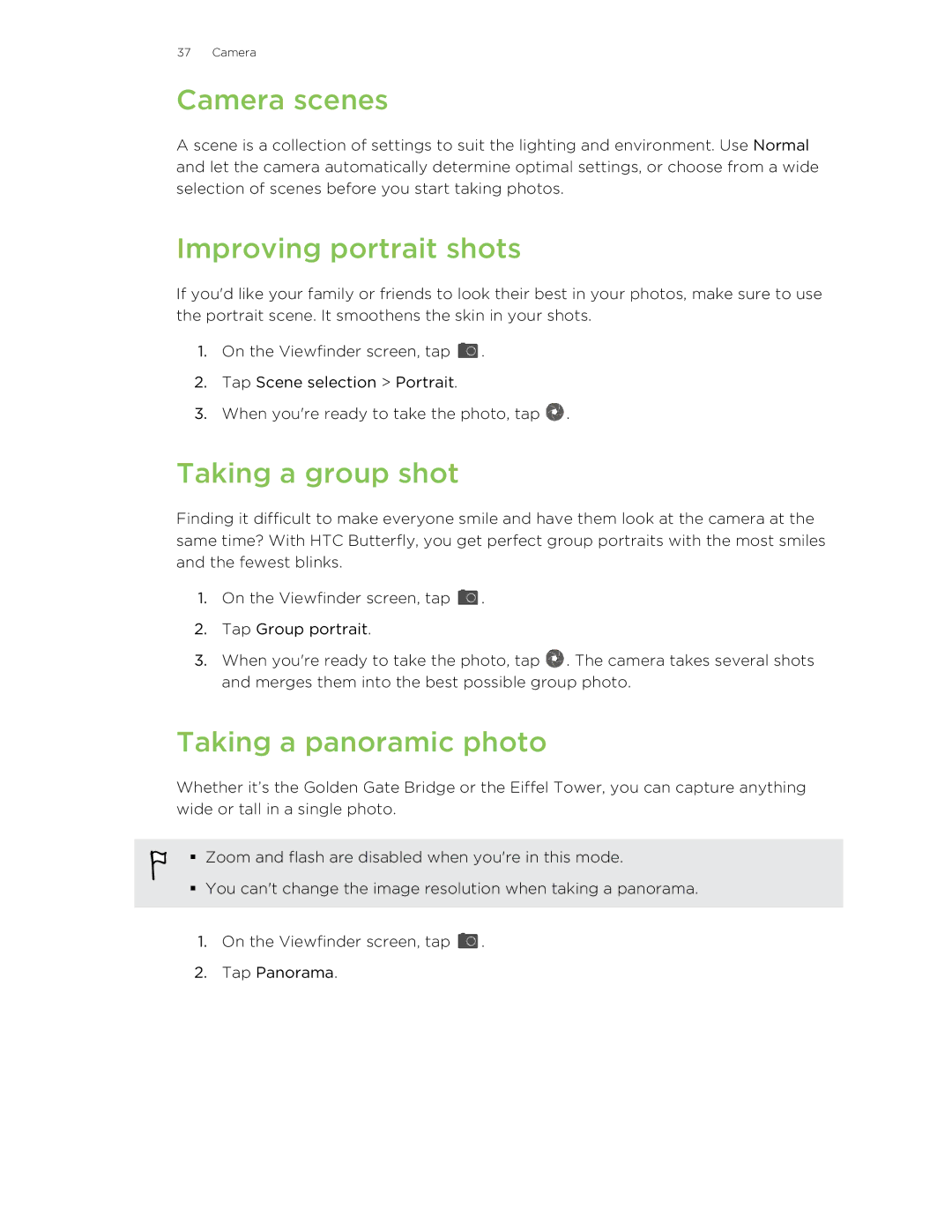 HTC Butterfly manual Camera scenes, Improving portrait shots, Taking a group shot, Taking a panoramic photo 