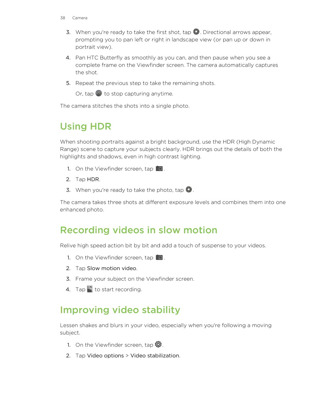 HTC Butterfly manual Using HDR, Recording videos in slow motion, Improving video stability 