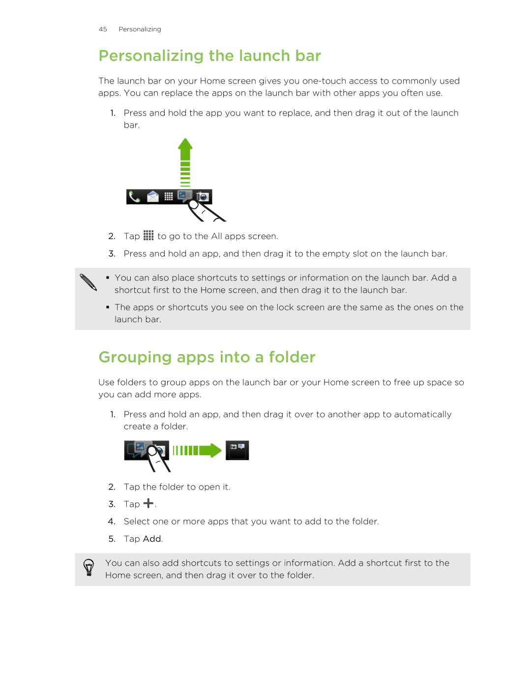 HTC Butterfly manual Personalizing the launch bar, Grouping apps into a folder 