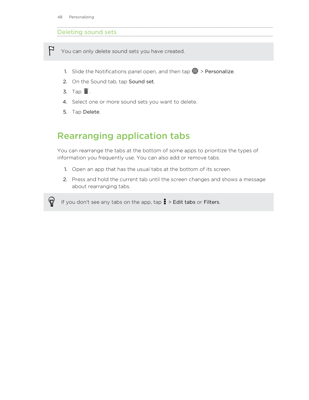 HTC Butterfly manual Rearranging application tabs, Deleting sound sets 