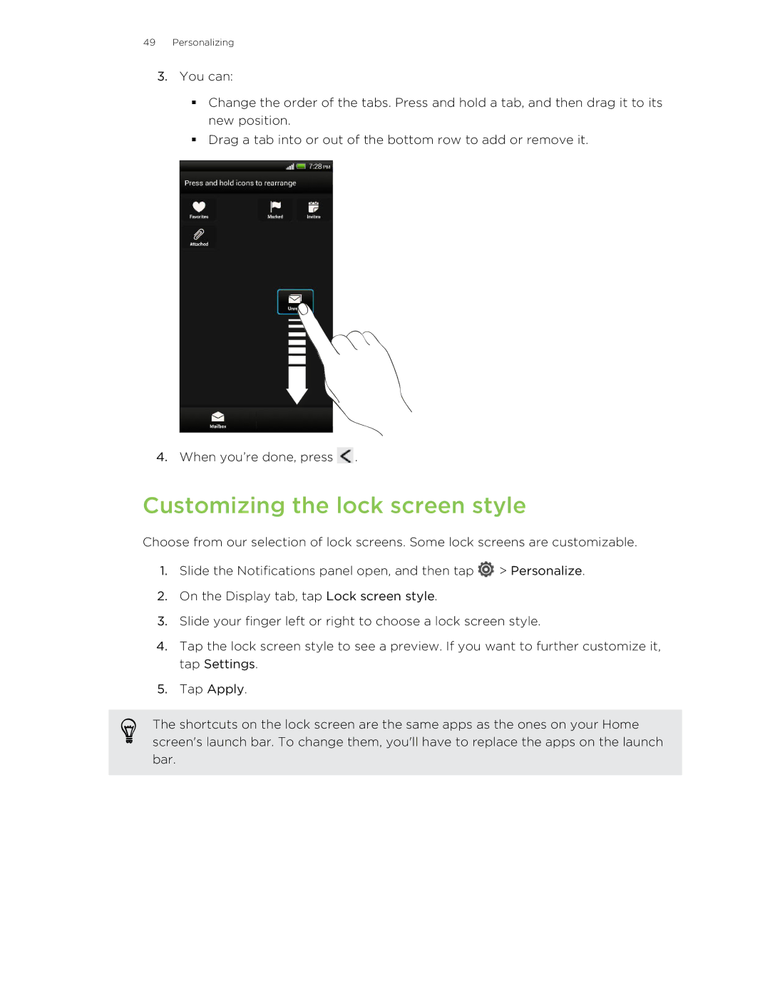 HTC Butterfly manual Customizing the lock screen style 