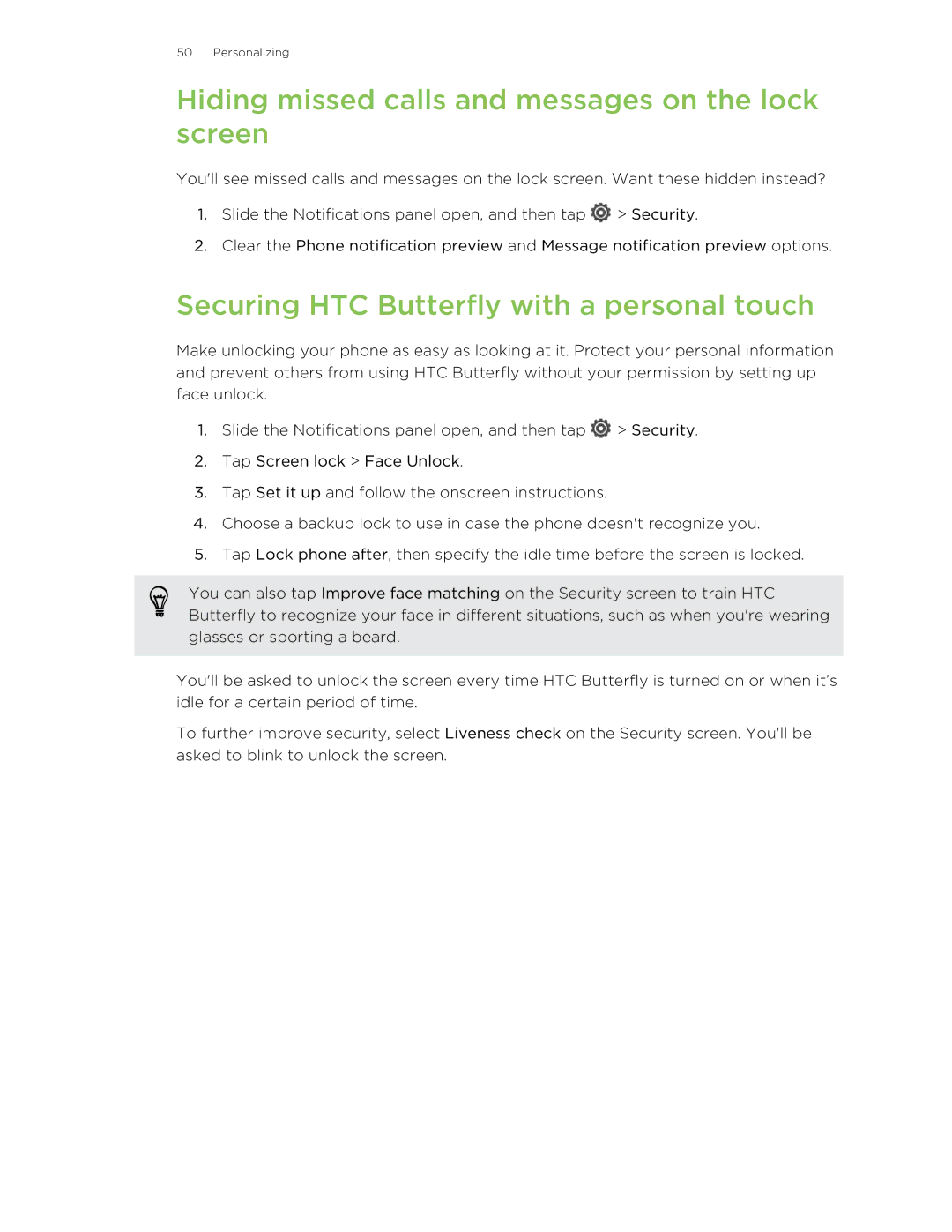 HTC manual Hiding missed calls and messages on the lock screen, Securing HTC Butterfly with a personal touch 