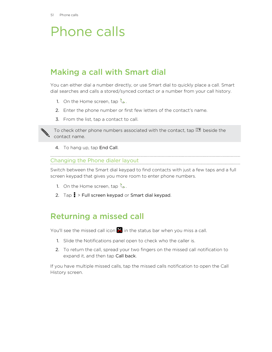 HTC Butterfly manual Phone calls, Making a call with Smart dial, Returning a missed call, Changing the Phone dialer layout 