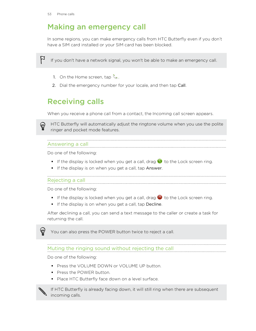 HTC Butterfly manual Making an emergency call, Receiving calls, Answering a call, Rejecting a call 