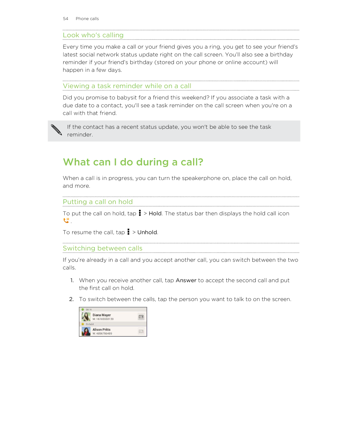 HTC Butterfly manual What can I do during a call?, Look whos calling, Viewing a task reminder while on a call 