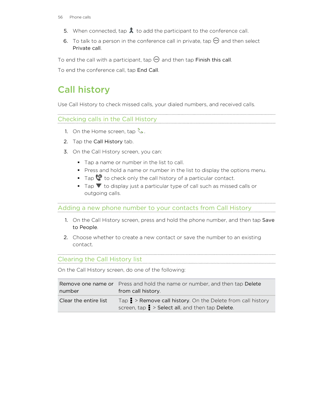 HTC Butterfly manual Call history, Checking calls in the Call History, Clearing the Call History list 