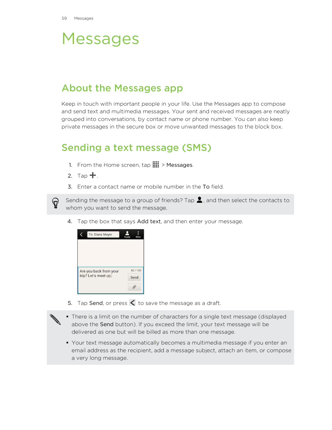 HTC Butterfly manual About the Messages app, Sending a text message SMS 