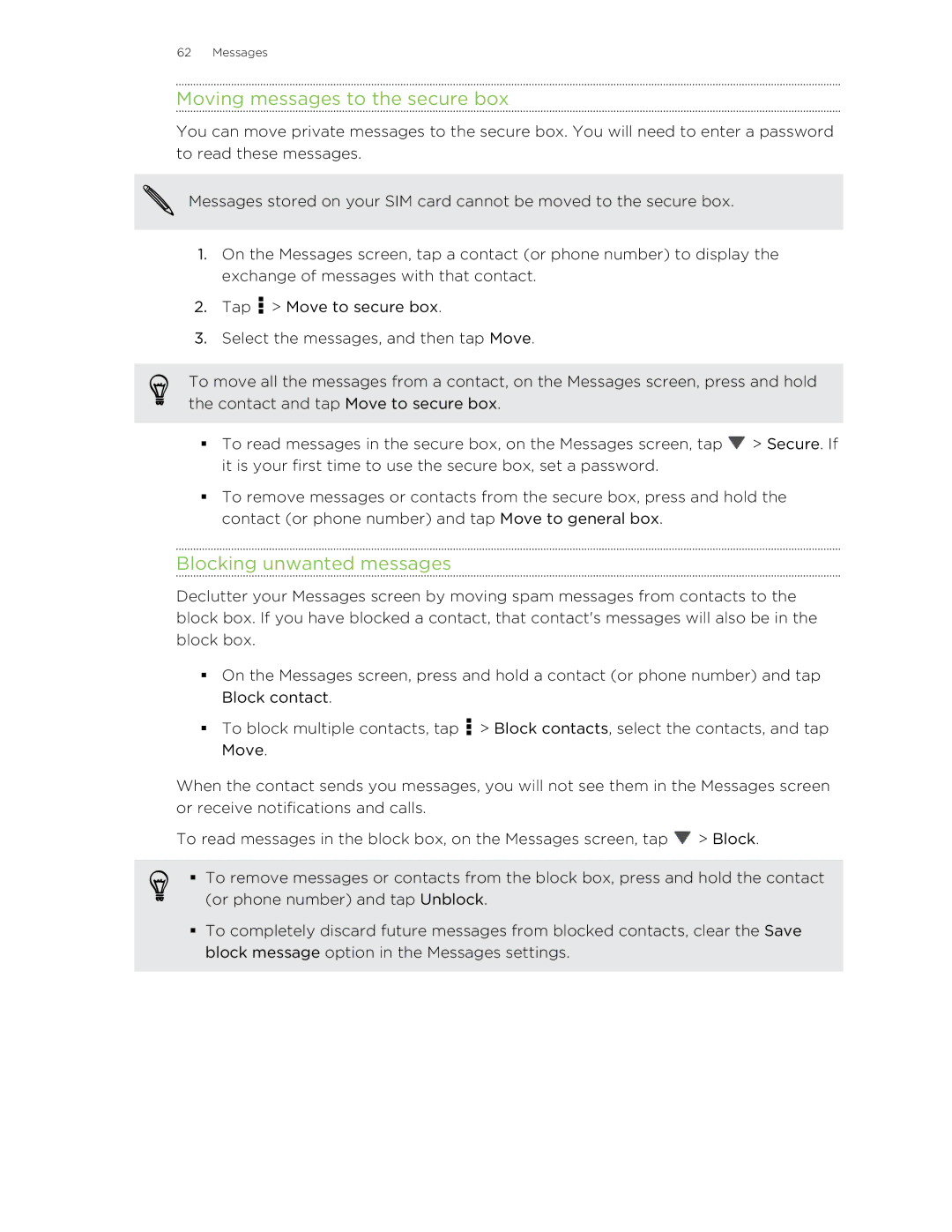 HTC Butterfly manual Moving messages to the secure box, Blocking unwanted messages 