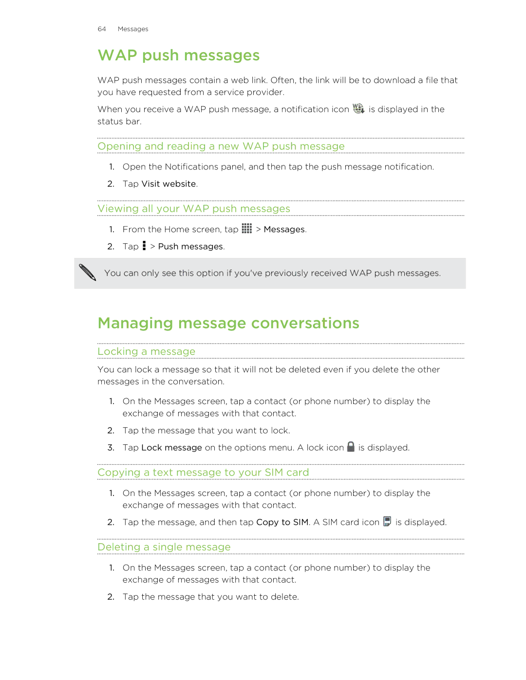 HTC Butterfly manual WAP push messages, Managing message conversations 