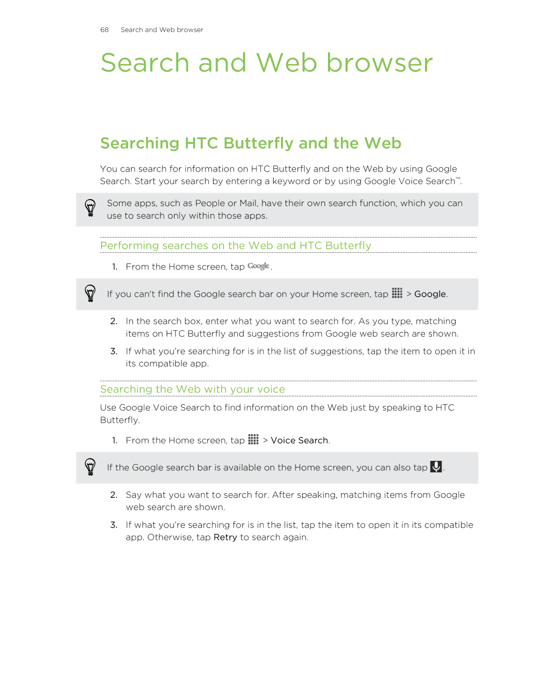 HTC manual Search and Web browser, Searching HTC Butterfly and the Web, Performing searches on the Web and HTC Butterfly 