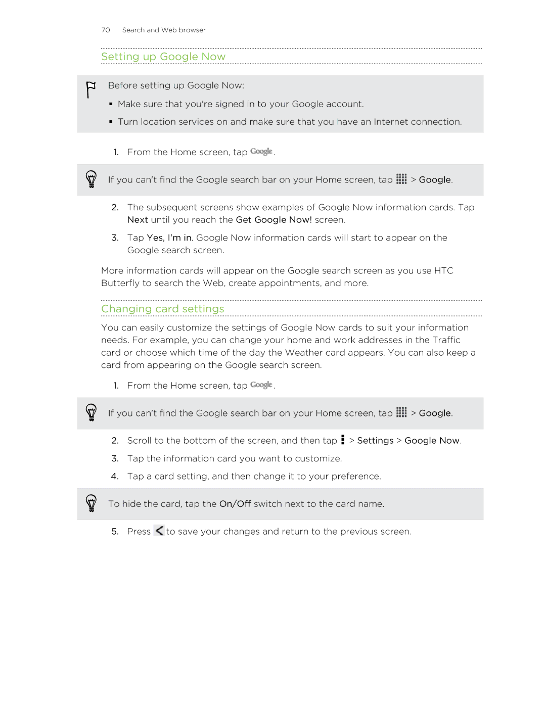 HTC Butterfly manual Setting up Google Now, Changing card settings 