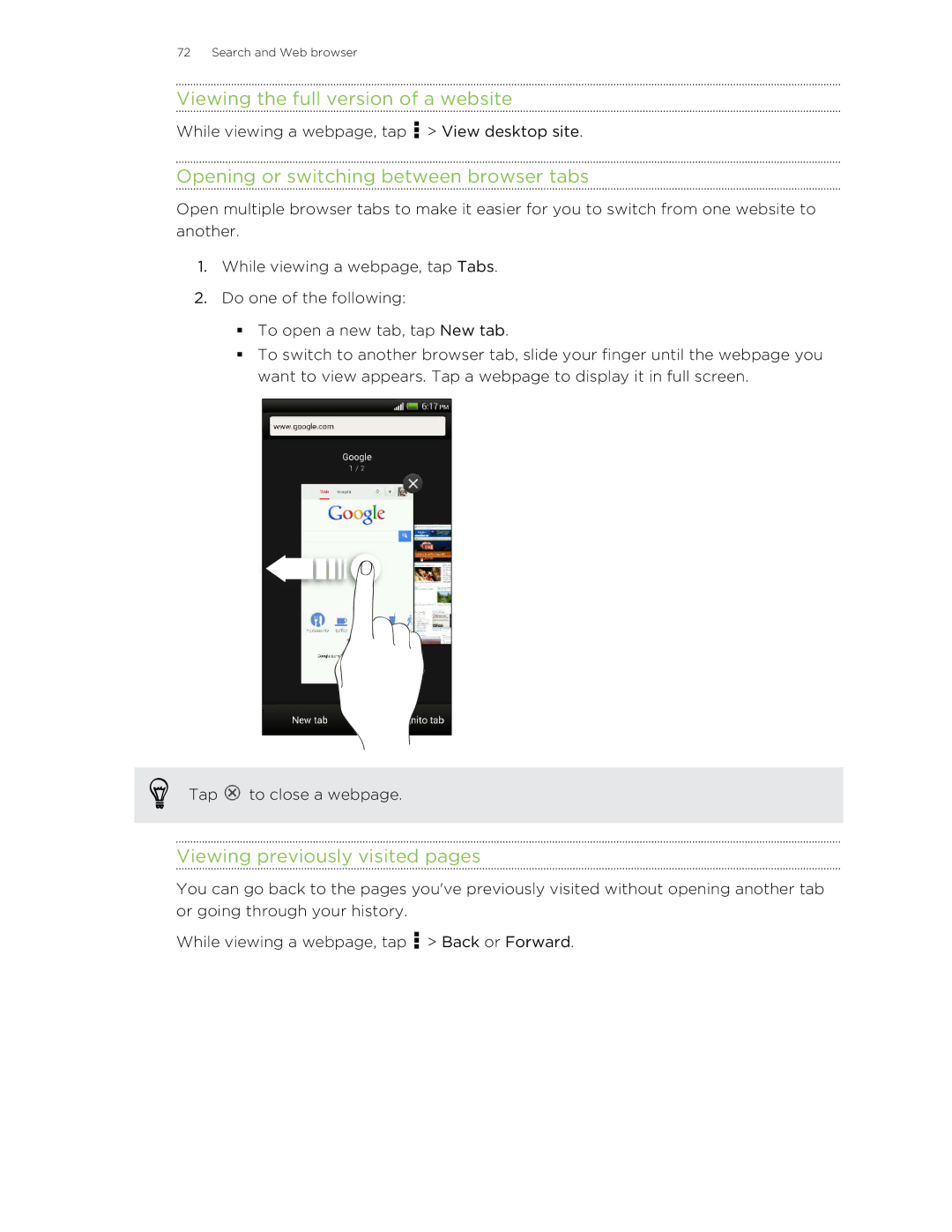 HTC Butterfly manual Viewing the full version of a website, Opening or switching between browser tabs 