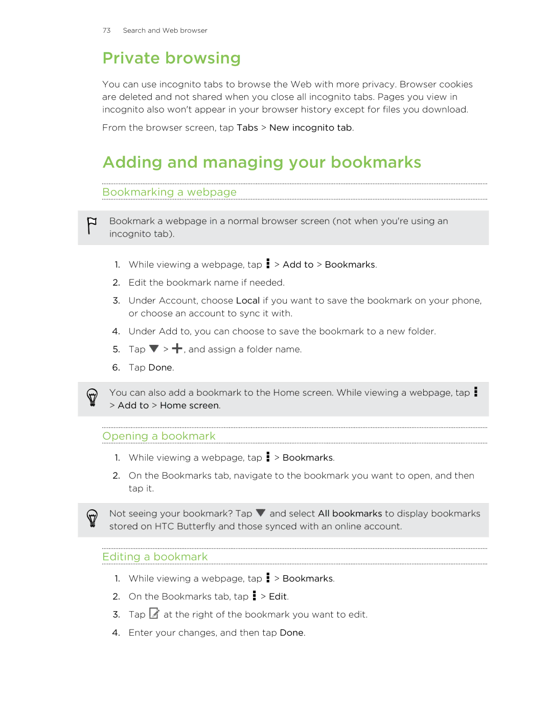 HTC Butterfly manual Private browsing, Adding and managing your bookmarks, Bookmarking a webpage, Opening a bookmark 