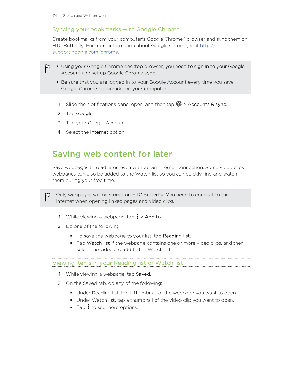 HTC Butterfly manual Saving web content for later, Syncing your bookmarks with Google Chrome 