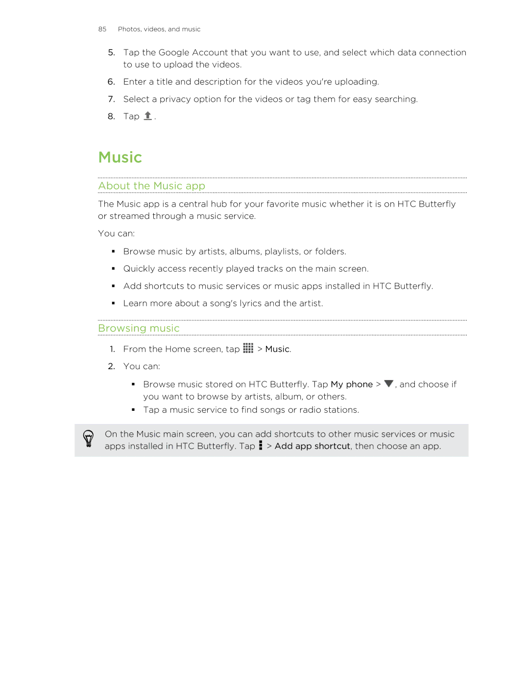 HTC Butterfly manual About the Music app, Browsing music 