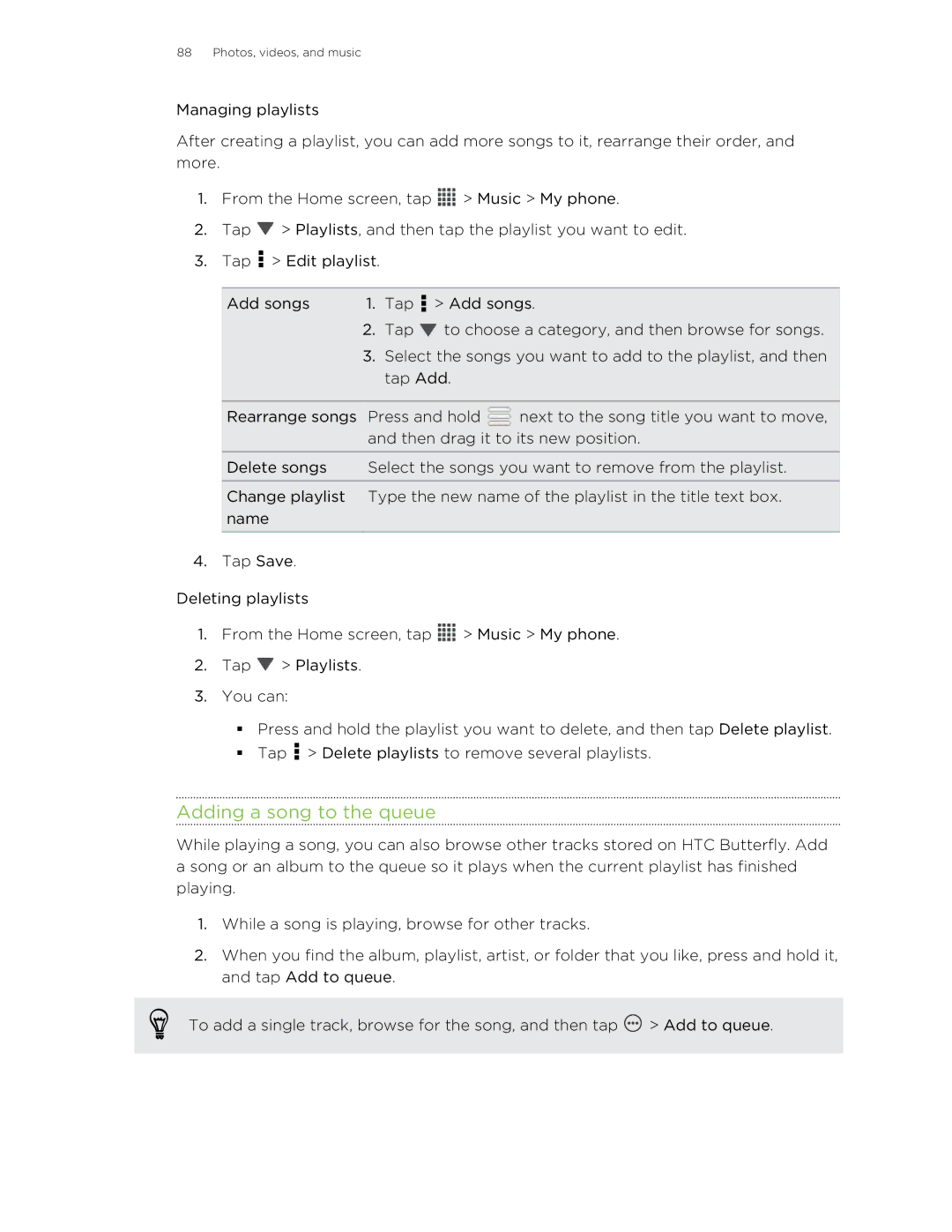HTC Butterfly manual Adding a song to the queue 