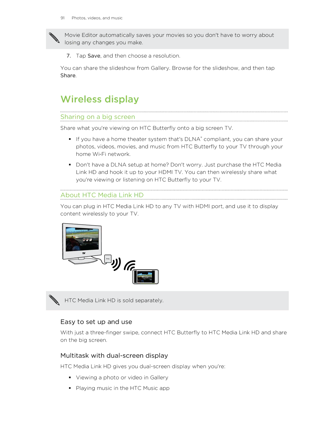 HTC Butterfly manual Wireless display, Sharing on a big screen, About HTC Media Link HD, Easy to set up and use 