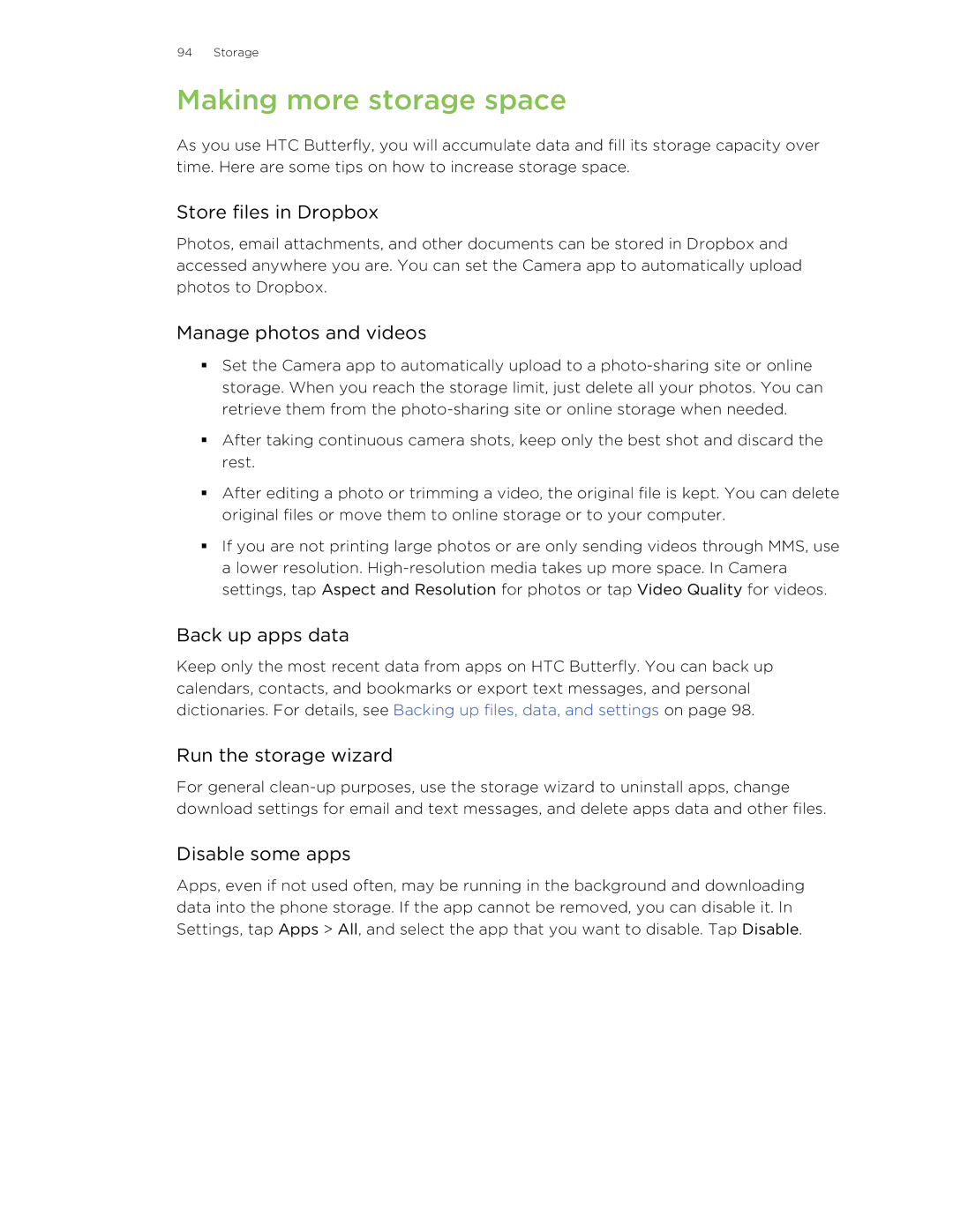 HTC Butterfly manual Making more storage space 
